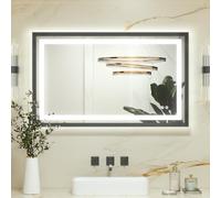 Keonjinn Black Bathroom Mirror with Led Lights 100x60cm, Antifog Vanity Mirror Black Frame Back and Front Lit 3 Colour Dimmable Illuminated Wall Mounted Rectangle Digital Mirrors