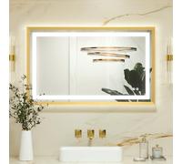 Keonjinn Gold Bathroom Mirror with Led Lights 100x60cm, Antifog Vanity Mirror Gold Frame Back and Front Lit 3 Colour Dimmable Illuminated Wall Mounted Rectangle Digital Mirrors