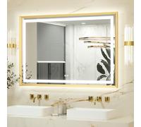Keonjinn Gold Bathroom Mirror with Led Lights 120x80cm, Antifog Vanity Mirror Gold Frame Back and Front Lit 3 Colour Dimmable Illuminated Wall Mounted Rectangle Digital Mirrors