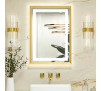 Keonjinn Gold Bathroom Mirror with Led Lights 50x70cm, Antifog Vanity Mirror Gold Frame Back and Front Lit 3 Colour Dimmable Illuminated Wall Mounted Rectangle Digital Mirrors