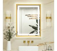 Keonjinn Gold Bathroom Mirror with Led Lights 60x80cm, Antifog Vanity Mirror Gold Frame Back and Front Lit 3 Colour Dimmable Illuminated Wall Mounted Rectangle Digital Mirrors