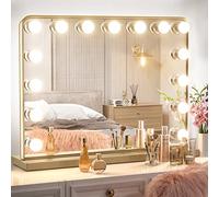 Keonjinn - Gold Vanity Mirror with Lights, 15 Replaceable Bulbs, 3 Color Lights, Aluminum Metal Frame, USB Charging Port, Wall and Table Mountable, 23" x 18"