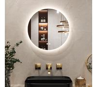 Keonjinn Round Bathroom Mirror with LED Lights, 50cm Illuminated Light Up Bathroom Mirror with Backlit Light, Anti-Fog Wall Mounted Vanity Mirrors 3 Colors Dimmable, Memory Function