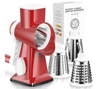 KEOUKE Rotary Cheese Grater with Handle Vegetable Cheese Shredder Slicer Grater for Kitchen 3 Changeable Blades for Cheese Potato Zucchini Nuts Chocolate (Red)