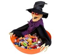 KEPATO Animated Halloween Witch Candy Bowl, Motion Activated, Talks with Glowing Red Eyes and Moving Arms, 14.17 x 9.84 Inches