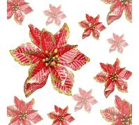 KEPATO Christmas Glitter Poinsettia Christmas Tree Ornaments Pack of 12 (Burgundy)