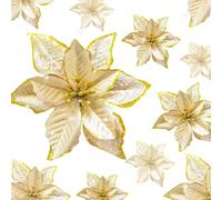 KEPATO Christmas Glitter Poinsettia Christmas Tree Ornaments Pack of 12 (Gold)