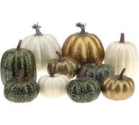 Kepfire 10 Pcs Artificial Pumpkins Autumn Decorations,High Grade Foam Pumpkin for Thanksgiving Halloween Table Centerpiece Fall Home Decor - Random Mix Color(Green&Gold&White)