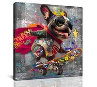Kepgonegu Funny Canvas Wall Art Funky Dog Play Skateboard Graffiti Picture Cool Wall Decor Ready to Hang for Bedroom Kids Room Size 14”W x 14”H
