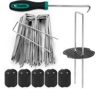 Keplin 101Pc U-Shaped Metal Galvanised Steel Weed Membrane Pegs And Washer Set, 50 Pegs, 50 Washers And 1 Pick Hook