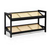 Keplin 2 Tier Bamboo And Rattan Shoe Rack Organiser, Compact Design For Hallway, Stylish And Functional Storage- Black And Natural