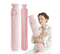 Keplin 2L Long Plush Cosy Hot Water Bottle with Knitted Cover, Blush Pink