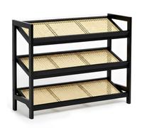 Keplin 3 Tier Bamboo And Rattan Shoe Rack Organiser, Compact Design For Hallway, Stylish And Functional Storage- Black And Natural