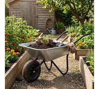 Keplin 65L Garden Heavy Duty Galvanised Steel Wheelbarrow With Pneumatic Tyre, Single Wheel Supports 100Kg Capacity