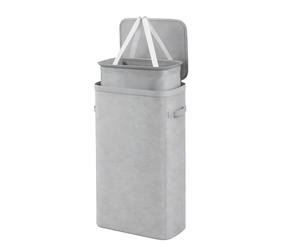 Keplin Collapsible Slim Laundry Basket with Lid & Removable Liner - 55L Space-Saving Clothes Sorter, Fabric Laundry Hamper with Handles, Easy Assembly, Stylish Storage for Home, 39x22x67cm, Grey