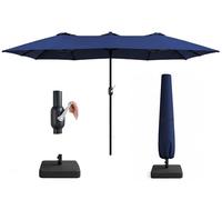 KEPLIN Double Garden Parasol with Base and Cover 4.5x2.7m - Extra Large Outdoor Patio Umbrella, 12 Steel Ribs, 180gsm Polyester Canopy, Crank Handle, Weather Resistant Shade, UV Protective, Navy