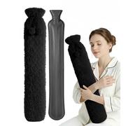 KEPLIN Extra Long 2L Hot Water Bottle with Super Soft Fleece Cover, Durable Natural Rubber, Long Lasting Warmth for Neck, Back & Body, Winter Comfort - Black