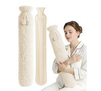 KEPLIN Extra Long 2L Hot Water Bottle with Super Soft Fleece Cover, Durable Natural Rubber, Long Lasting Warmth for Neck, Back & Body, Winter Comfort - Cream