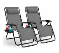 KEPLIN Heavy Duty Basic Textoline Zero Gravity Chairs for Garden Adjustable Head Rest Foldable with Cup & Phone Holder, 2 Pack, Dark Grey