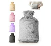 KEPLIN Hot Water Bottle 2L with Soft Faux Fur Cover, Leakproof Natural Rubber, Long Lasting Warmth for Neck, Back & Hands, Fluffy Cosy Design for Men & Women, Winter Comfort - Grey