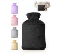 KEPLIN Hot Water Bottle 2L with Soft Faux Fur Cover, Leakproof Natural Rubber, Long Lasting Warmth for Neck, Back & Hands, Fluffy Cosy Design for Men & Women, Winter Comfort - Black