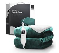 KEPLIN Large Electric Heated Throw Blanket - Blanket Throw for Bedspread - 9 Heat Settings & Timer, Machine Washable Fleece Wool Duvet|Electric Overblanket 160x130cm - Emerald Green/Cream Sherpa