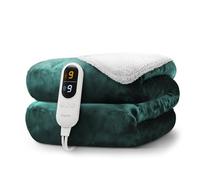 KEPLIN Large Electric Heated Throw Blanket - Blanket Throw for Bedspread - 9 Heat Settings & Timer, Machine Washable Fleece Wool Duvet|Electric Overblanket 160x130cm - Emerald Green/Cream Sherpa
