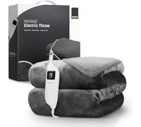 KEPLIN Large Electric Heated Throw Blanket - Electric Blanket Throw for Bedspread - 9 Heat Settings & Timer | Machine Washable Fleece Wool Duvet | Single Electric Overblanket (Sherpa Grey/Grey)