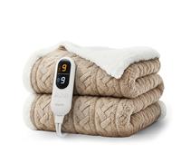 KEPLIN Large Electric Heated Throw Blanket - Electric Heated Blanket Throw for Bedspread 9 Heat Settings & Timer, Machine Washable Fleece Wool Duvet with 1 Year Warranty-Taupe & Cream Jacquard Sherpa
