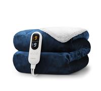 KEPLIN Large Electric Heated Throw Blanket - Electric Heated Blanket Throw for Bedspread 9 Heat Settings & Timer, Machine Washable Fleece Wool Duvet with 1 Year Warranty - Navy/Cream Sherpa