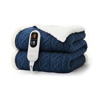 KEPLIN Large Electric Heated Throw Blanket - Electric Heated Blanket Throw for Bedspread 9 Heat Settings & Timer, Machine Washable Fleece Wool Duvet with 1 Year Warranty - Navy/Cream Jacquard Sherpa