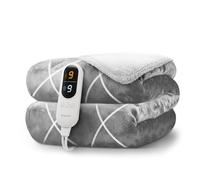 KEPLIN Large Electric Heated Throw Blanket - Electric Heated Blanket Throw for Bedspread 9 Heat Settings & Timer, Machine Washable Fleece Wool Duvet with 1 Year Warranty - Light Grey & Cream Sherpa
