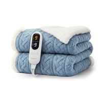 KEPLIN Large Electric Heated Throw Blanket - Electric Heated Blanket Throw for Bedspread 9 Heat Settings & Timer, Machine Washable Fleece Wool Duvet with 1 Year Warranty- Blue & Cream Jacquard Sherpa