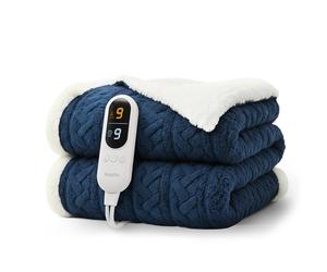 KEPLIN Large Electric Heated Throw Blanket - Electric Heated Blanket Throw for Bedspread 9 Heat Settings & Timer, Machine Washable Fleece Wool Duvet with 1 Year Warranty - Navy/Cream Jacquard Sherpa