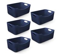 KEPLIN 5 Pack Navy Plastic Studio Storage Basket, Portable Container Boxes with Handles for Storage Organisation in Home & Office, Shelfs, Drawers, Kitchen & Cupboards (Navy, Pack of 5)