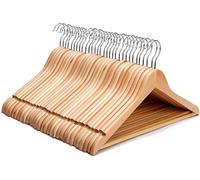 KEPLIN Strong Walnut Wood Wooden Coat Hangers with 360 Degree Rotatory Hook & Round Trouser Bar & Shoulder Notches - Durable Wardrobe Space Saver (Natural, 20 Pack)