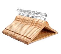 KEPLIN Strong Walnut Wood Wooden Coat Hangers with 360 Degree Rotatory Hook & Round Trouser Bar & Shoulder Notches - Durable Wardrobe Space Saver (Natural, 30 Pack)