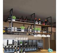 KEPMOGOH Hanging Wine Rack, Metal Ceiling wine glass rack, 2 Layer Industrial Wine Bottle Holder with Glass Holder and Shelf, Vintage Display Wine Rack cabinets, for Bar Cafe Kitchen (160×30×80cm)