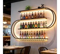 KEPMOGOH Wine rack wall mounted, 4 Tier Metal bar shelves with Liquor Bottle Glass Holder, Wine Holder Iron Liquor Shelves, Wine Storage Display Rack for Kitchen Dining Room Bar (BLACK, 150CM)