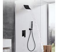 KEppd Waterfall Shower System, Wall Mounted Black Brass Shower Faucet, with Waterfall Shower Head, Tub Spout and Handheld Shower Head, High Pressure Rainfall Shower Faucet, (Rough-in Val