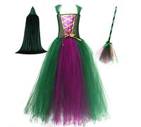 Keptfeet Hocus Pocus Costume, Winifred Sanderson Sisters Costume Kids Witch Costume Girls Halloween Party Cosplay Fancy Dress Up Tulle Dress With Wizard Hat Broom Cloak Set