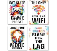 Kepuarm 25 * 10cm 4Pcs Framed Watercolor Video Game Theme Canvas Wall Art Watercolor Gaming Themed Picture Wall Decor Prints Poster for Office Home Wall Decor Colorful Modern Artwork (White)