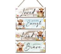 Kepuarm Highland Cow Decor Wall Art, 4Pcs Inspirational Wall Decor Sign With Rope, Farmhouse Wall Picture Positive Quotes Bathroom Wall Decor for Bathroom Dining Room Bedroom Living Room,Art (Cow)
