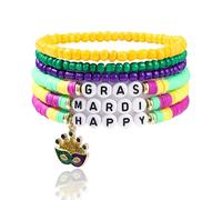 kepvrio Mardi Gras Bracelets for Women Glitter Mask Crown Beaded Bracelet Set Mardi Gras Purple Green Surfer Heishi Bracelets Charm Bracelets Carnival Holiday Accessory Party Jewelry, L, Rhinestone