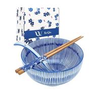 KeQiu Japanese 28 Oz Ceramic Ramen Noodle Soup Cereal Pho Rice Salad Bowl Set with Chopsticks and Spoons, Premium Gift Set for House Warming, Birthday, Holiday, Microwave Safe, Dishwasher Safe