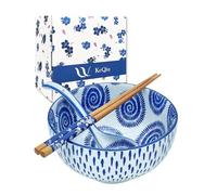 KeQiu Japanese 28 Oz Ceramic Ramen Noodle Soup Cereal Pho Rice Salad Bowl Set with Chopsticks and Spoons, Premium Gift Set for House Warming, Birthday, Holiday, Microwave Safe, Dishwasher Safe