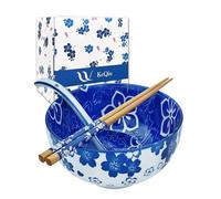 KeQiu Japanese 28 Oz Ceramic Ramen Noodle Soup Cereal Pho Rice Salad Bowl Set with Chopsticks and Spoons, Microwave and Dishwasher Safe