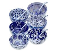 KeQiu Japanese Ceramic Bowls Set of 6, 28 Oz Large Asian Porcelain Ramen Soup Salad Cereal Noodle Bowl with 6 Spoons, Deep Bowl for Kitchen Decor and Housewarming Gift, Dishwasher & Microwave Safe