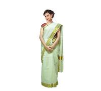 Kerala Saree Women's Cotton Cream Color Off White Solid Plain Golden Zari Bordered Traditional Elegance Onam Special Kavasu Saree (Checked Design-1)