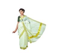 Kerala Saree Women's Cotton Cream Color Off White Solid Plain Golden Zari Bordered Traditional Elegance Onam Special Kavasu Saree (Cream Plain)